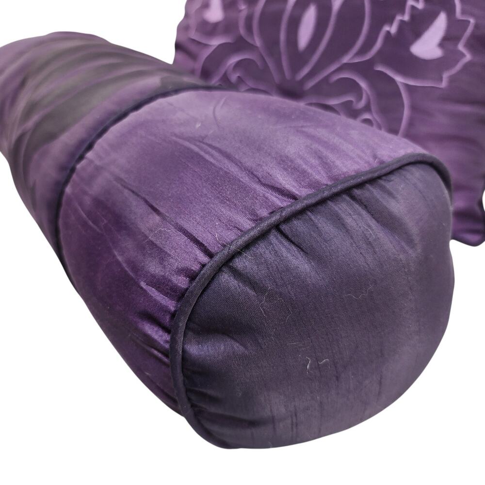 Set of 2 Purple Plum Decorative Bed Couch Pillow Square & Bolster Satin Jacquard - Picture 5 of 7